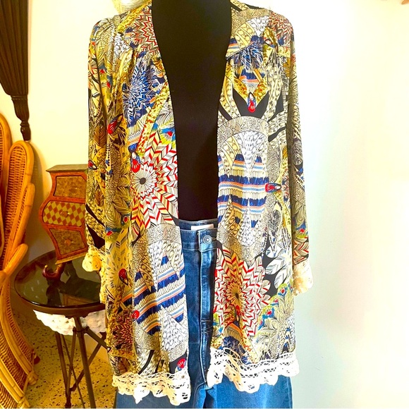 Anthropologie JODIFL Bohemian Kimono Style Wrap Jacket! Crochet trim. Great. Lg - Picture 1 of 11